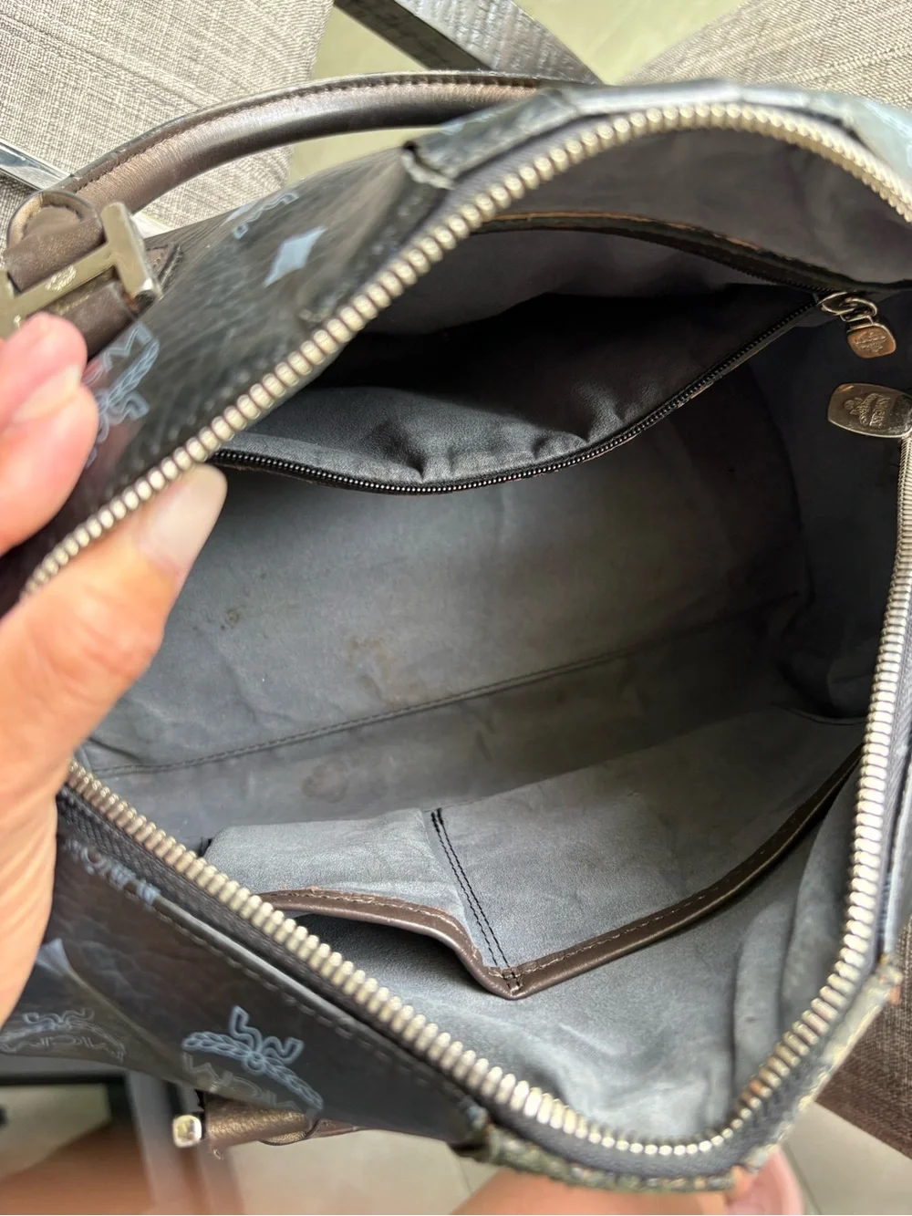 MCM Black Leather Logo Satchel with Brown Handles and Gold Hardware